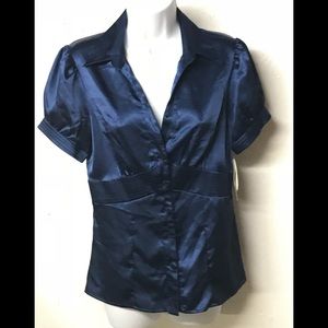 90s / Y2K - NEW WITH TAGS “6 degrees” dark blue satin button down top MEDIUM